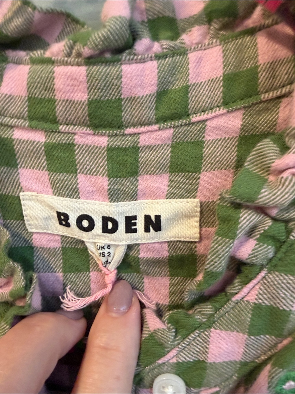 Boden Pink and Green Gingham Flannel Button-Down Floral Embroidery NWT 2 - Picture 2 of 6